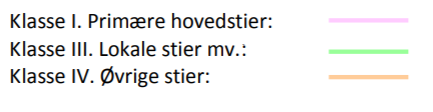 BILAG D2. OVERSIGTSKORT STIER MV. OG LINK TIL DETAILKORT. Klasse 1 Primære hovedstier er markeret med lilla, Klasse 3 lokalestier er markeret med grøn og Klasse 4 Øvrige stier er markeret med orange. 
